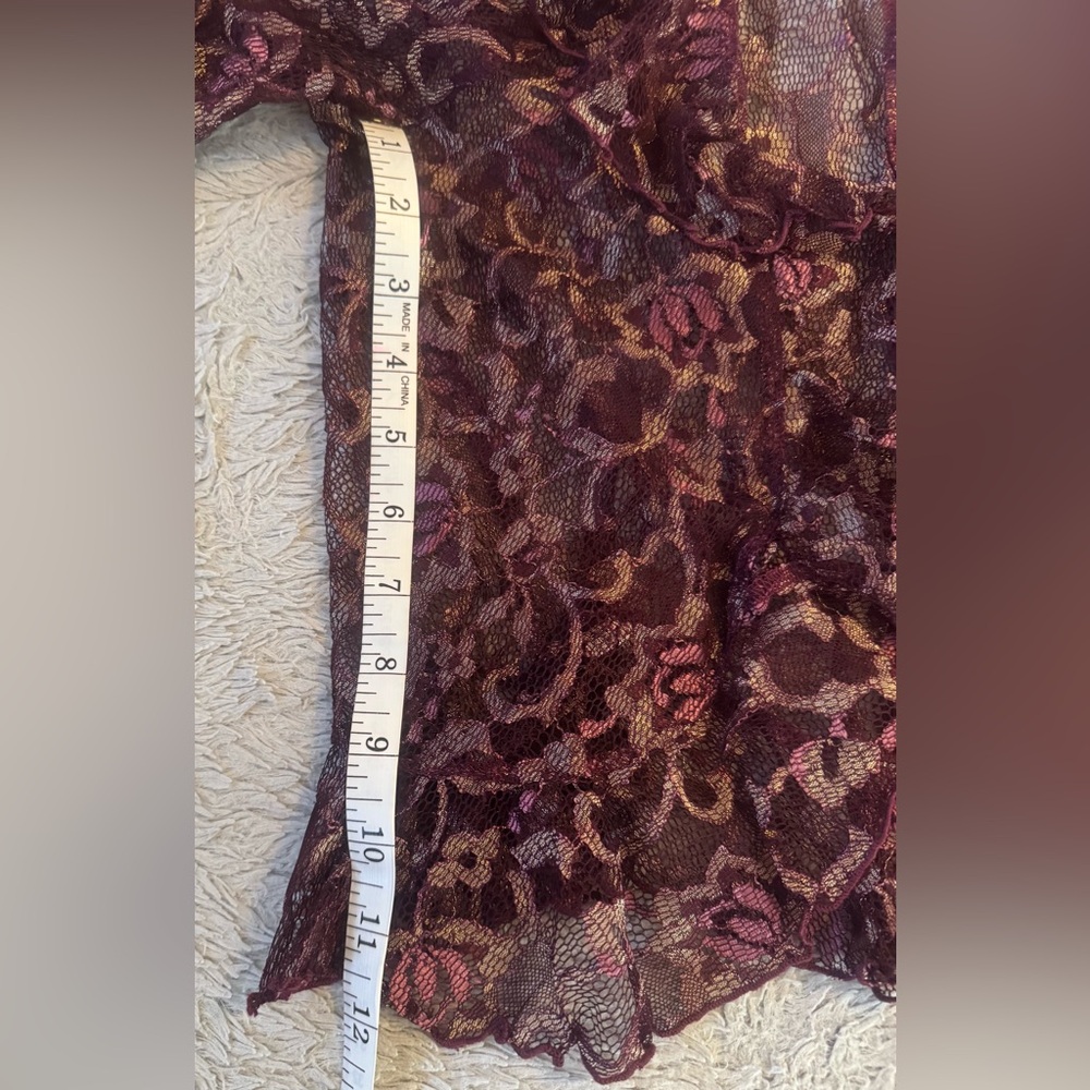 Bebe Y2K Women's Floral Sheer Lace Ruffled Blouse w/ Gold, Wine & Deep Pink Hues - Picture 14 of 16